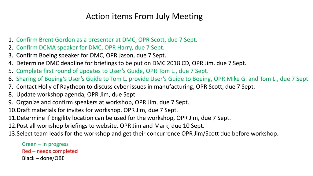 action items from july meeting
