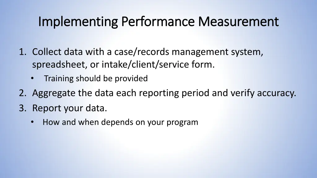 implementing performance measurement implementing
