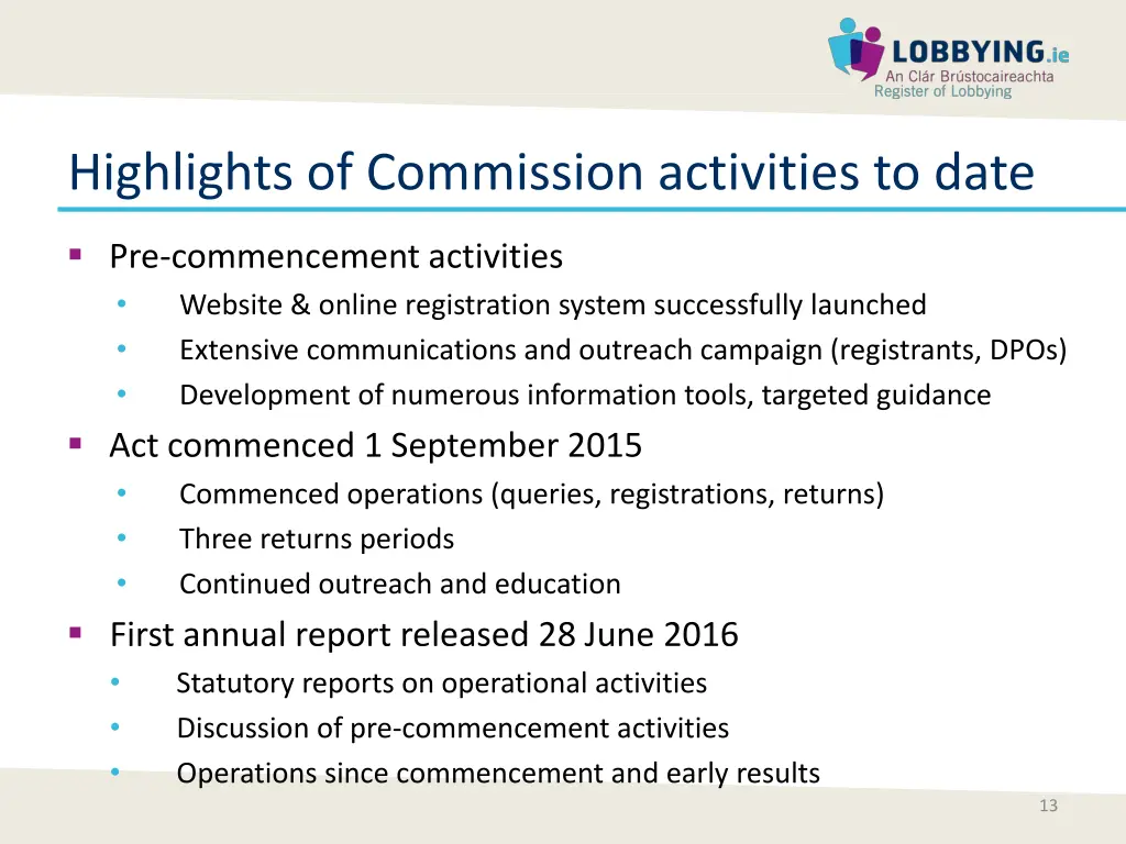 highlights of commission activities to date