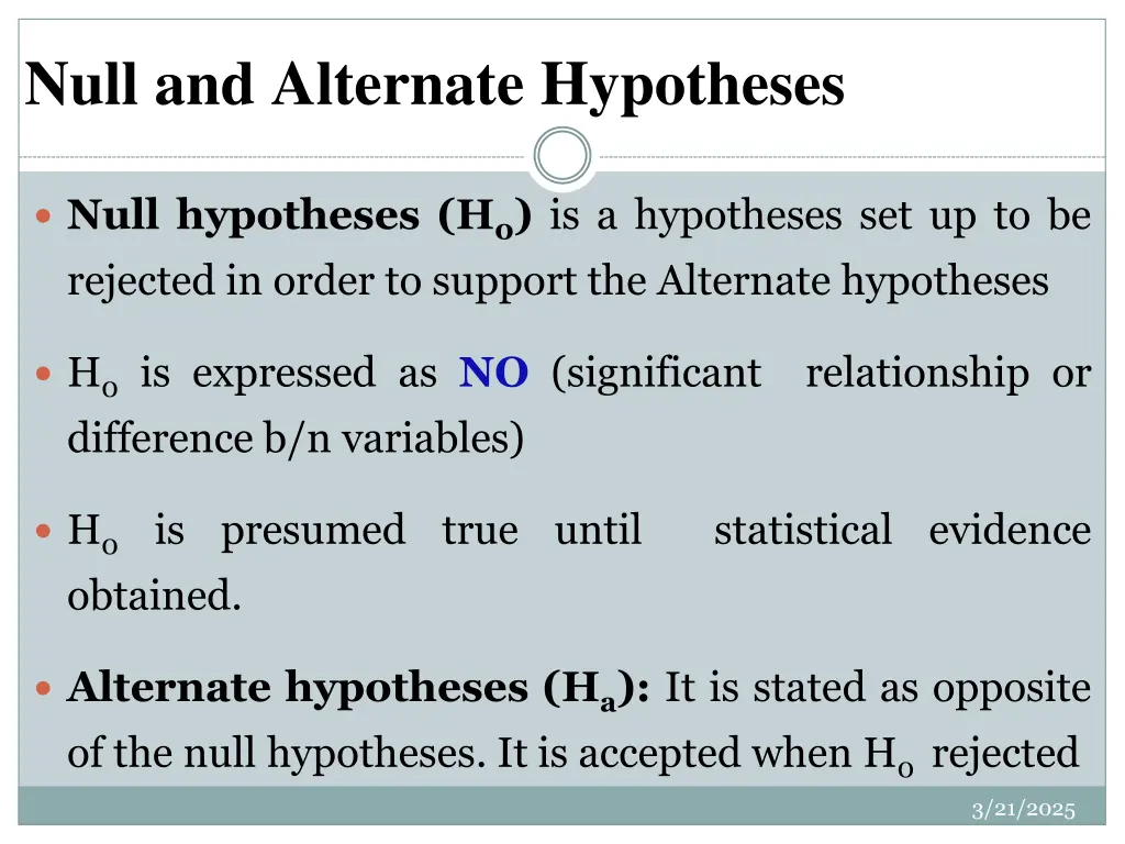 null and alternate hypotheses