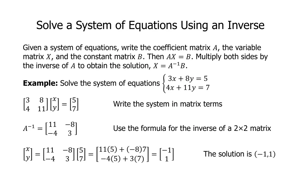 solve a system of equations using an inverse