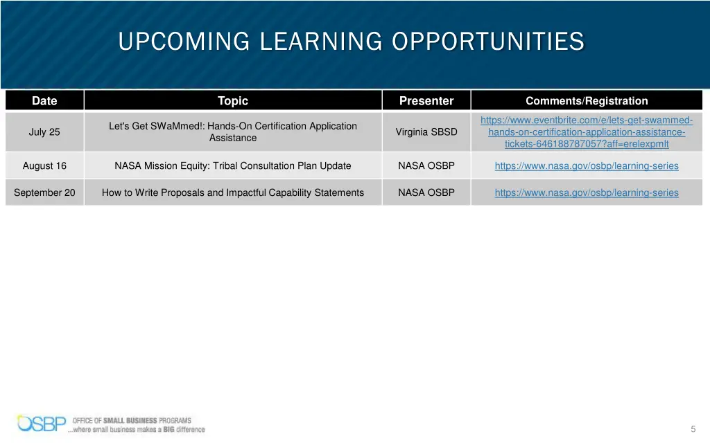 upcoming learning opportunities