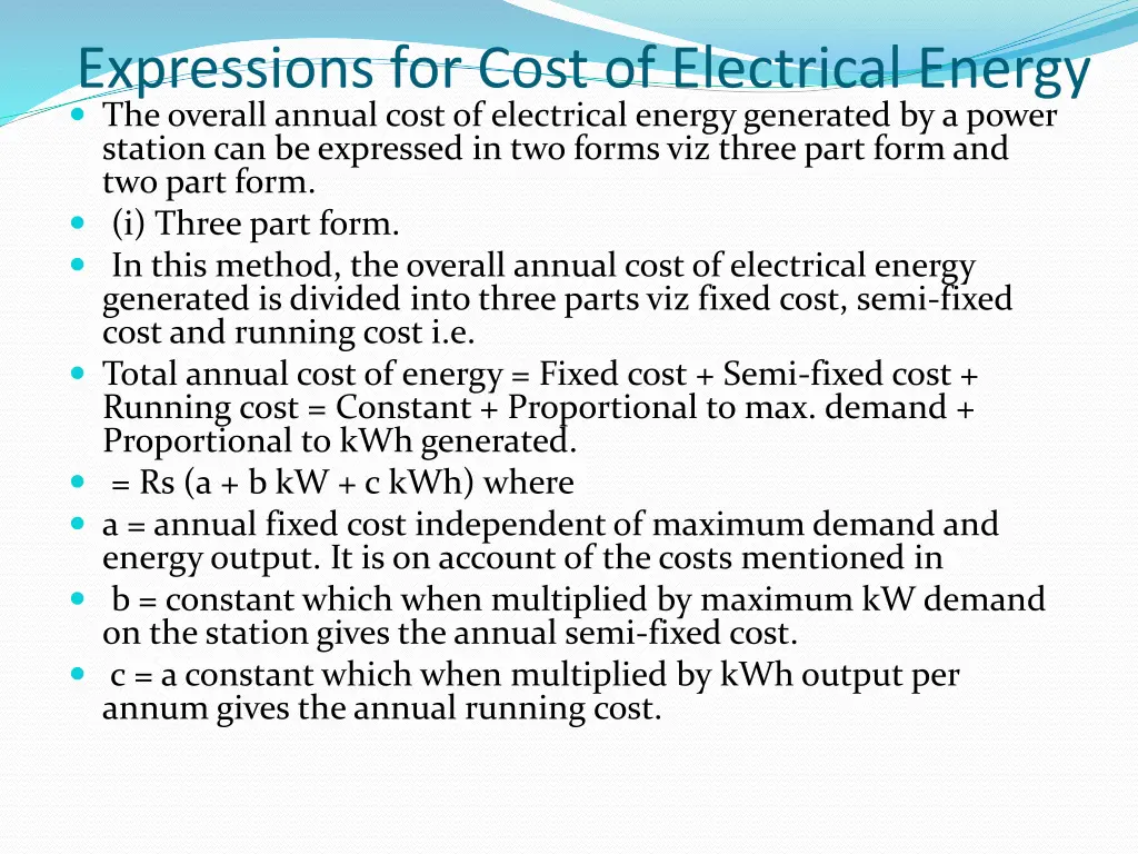 expressions for cost of electrical energy