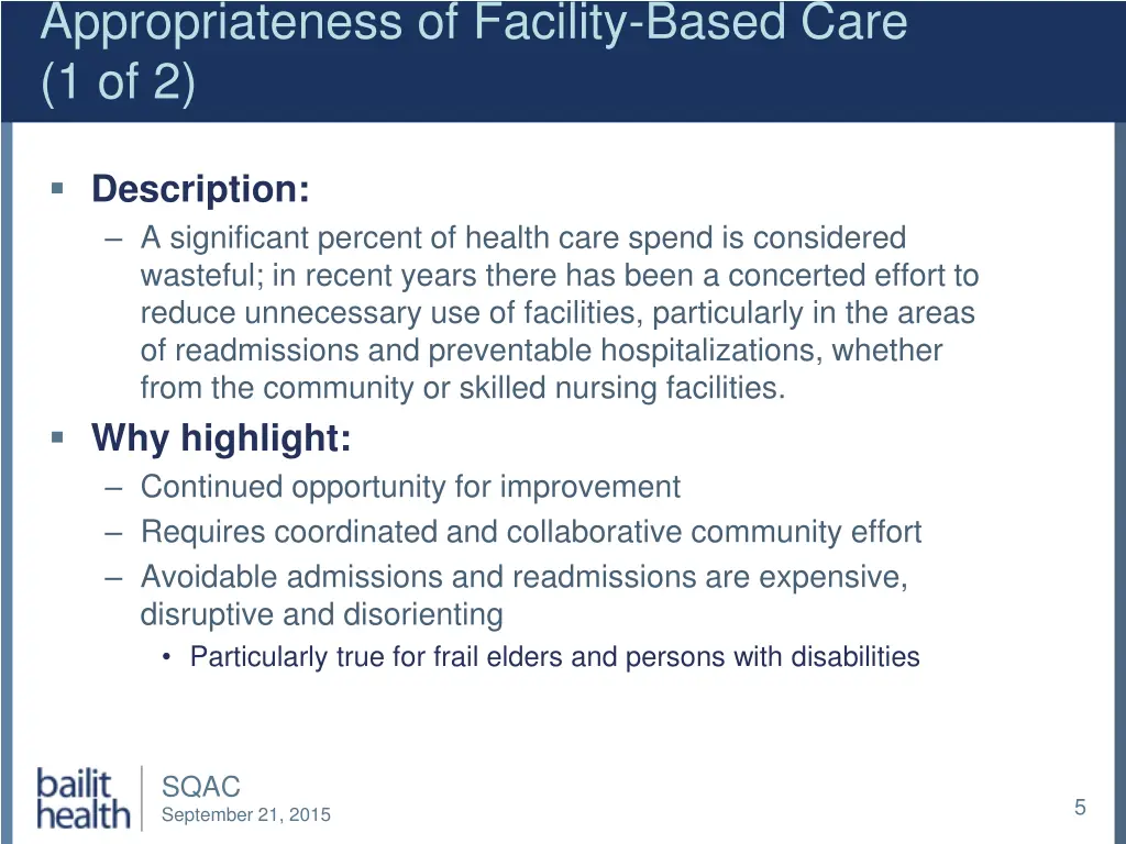 appropriateness of facility based care 1 of 2