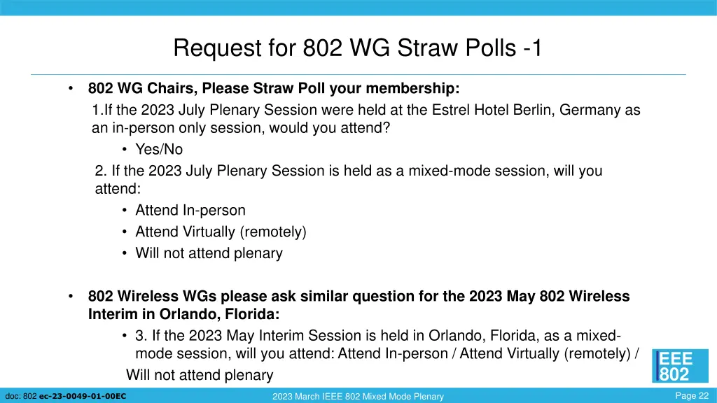 request for 802 wg straw polls 1