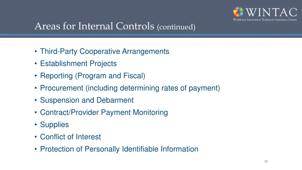 areas for internal controls continued