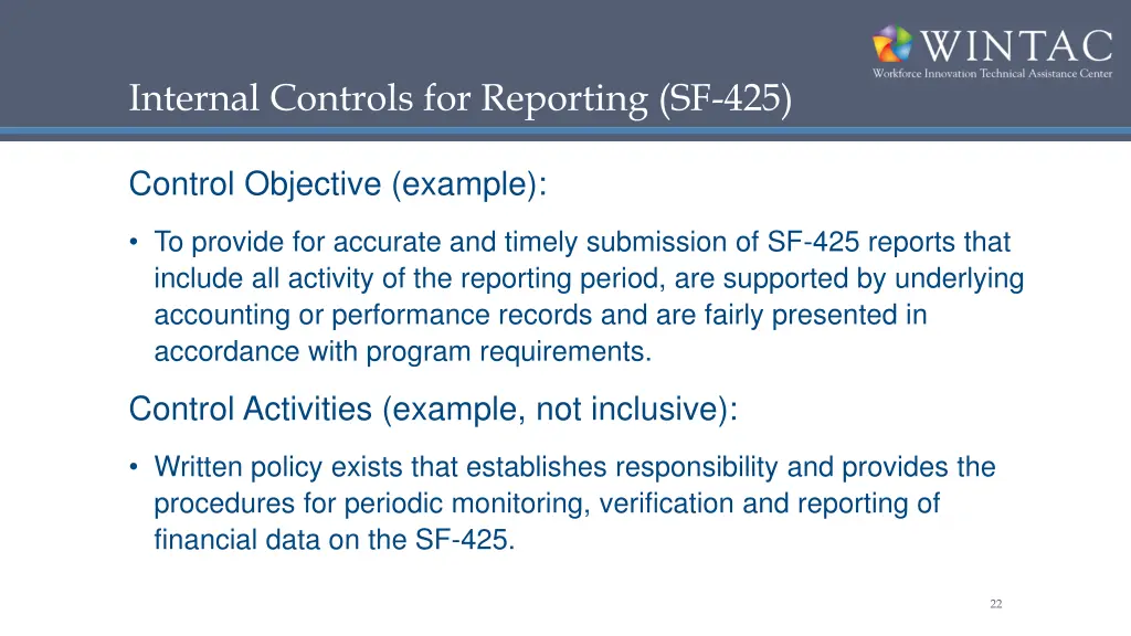 internal controls for reporting sf 425