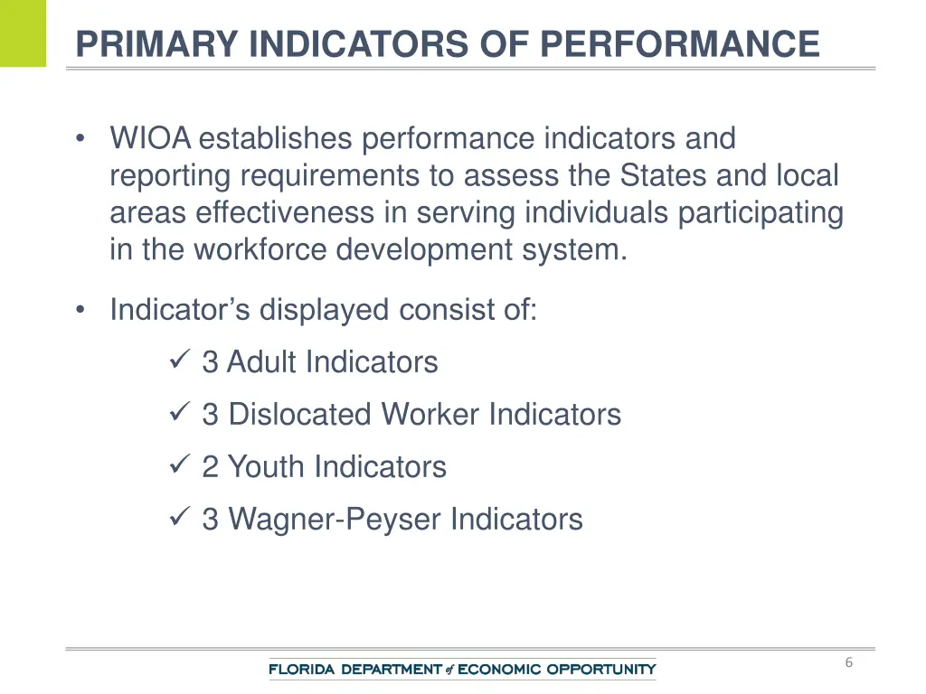 primary indicators of performance