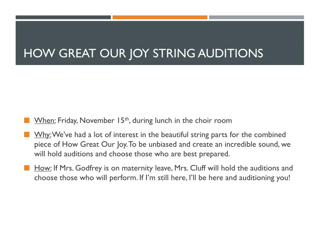 how great our joy string auditions