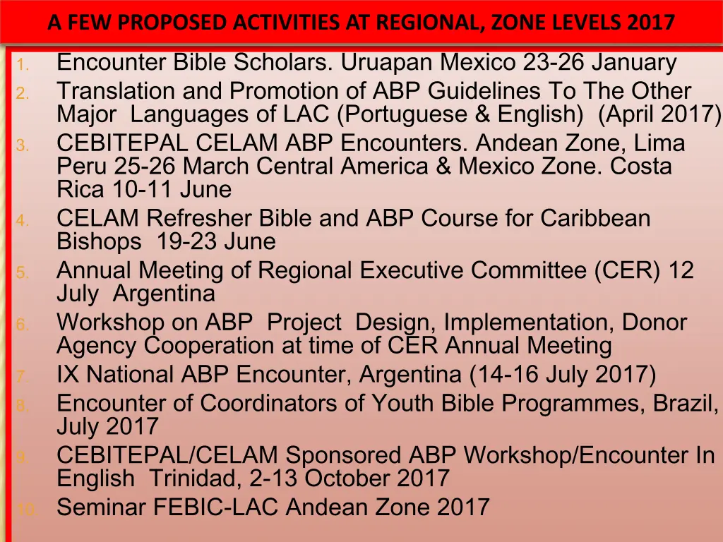 a few proposed activities at regional zone levels