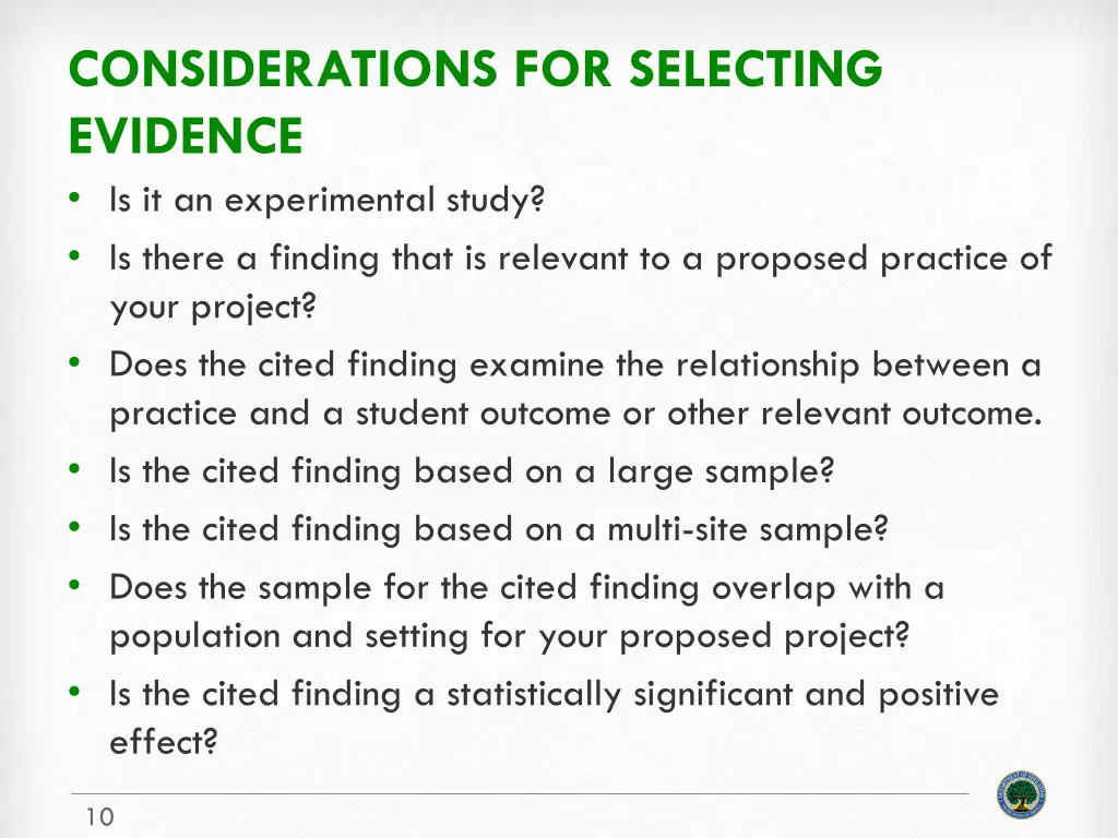 considerations for selecting evidence