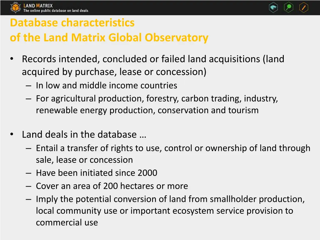 database characteristics of the land matrix