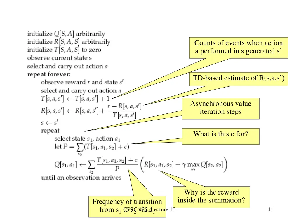 counts of events when action a performed