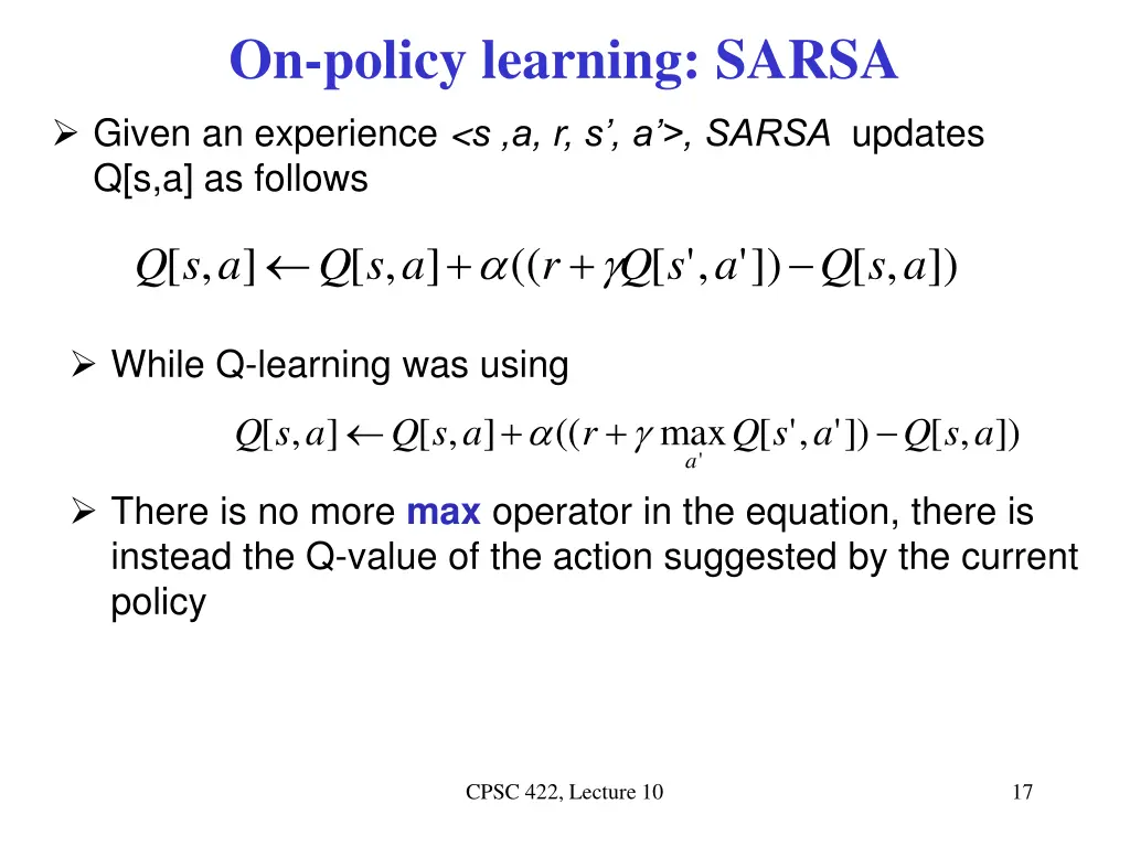 on policy learning sarsa 1