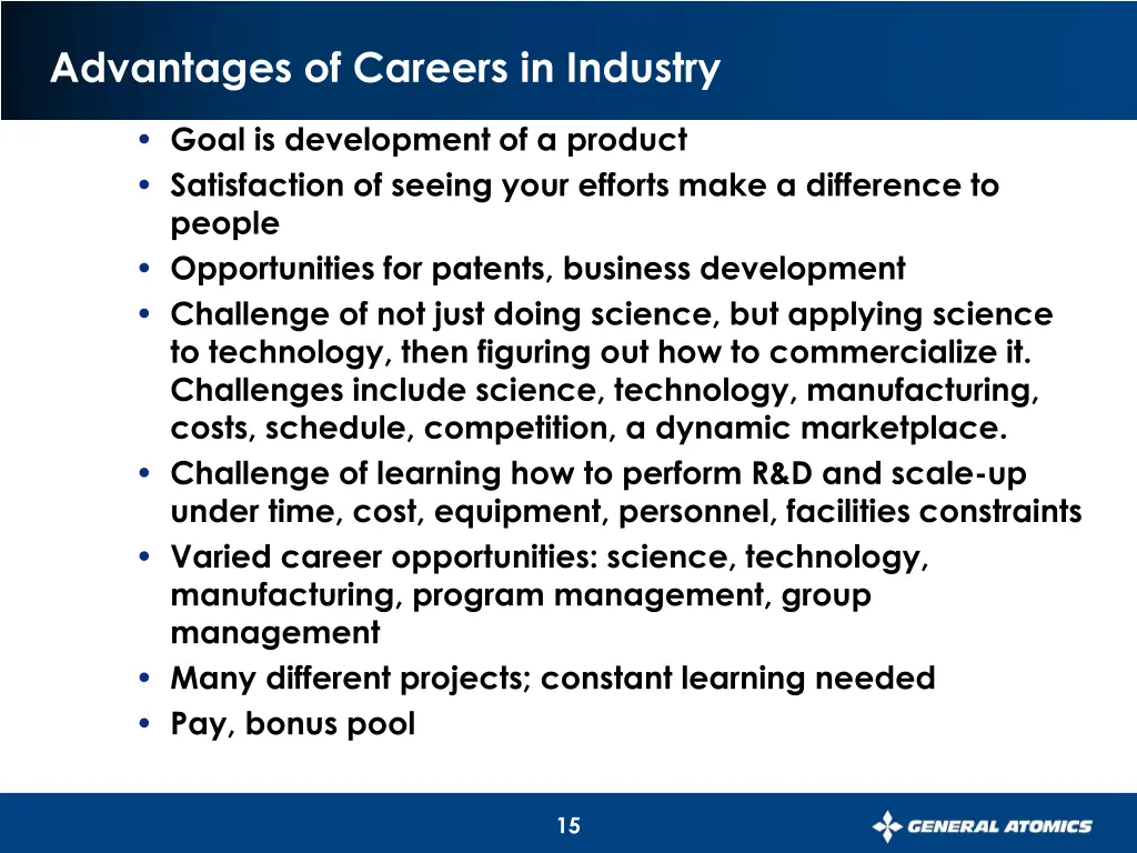 advantages of careers in industry