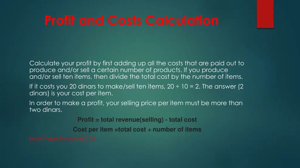 profit and costs calculation
