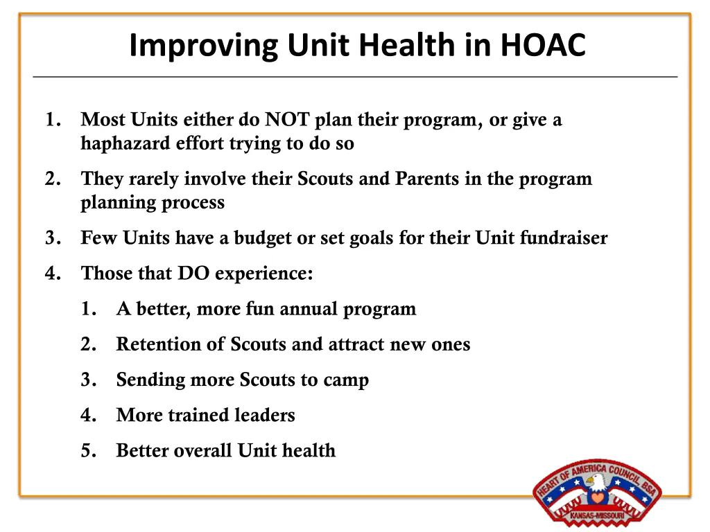 improving unit health in hoac