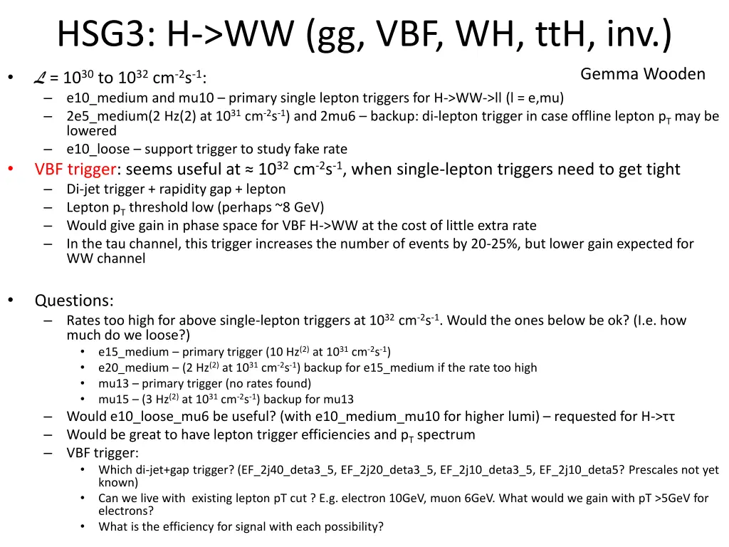 hsg3 h ww gg vbf wh tth inv
