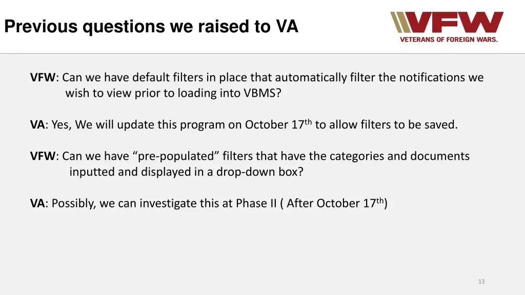 previous questions we raised to va