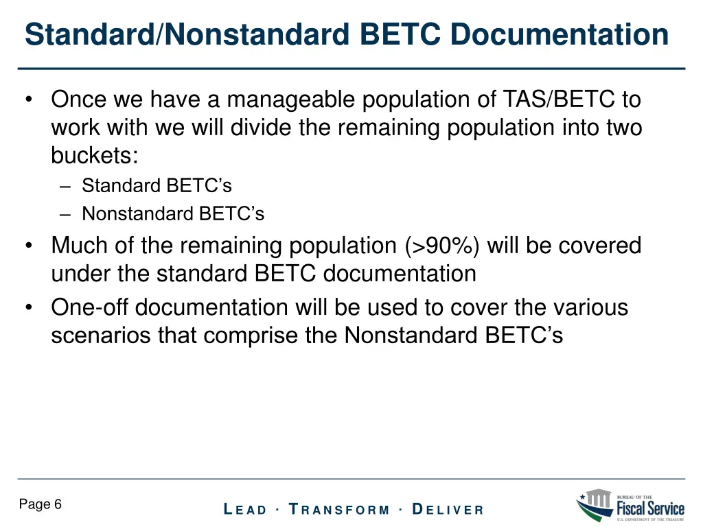 standard nonstandard betc documentation