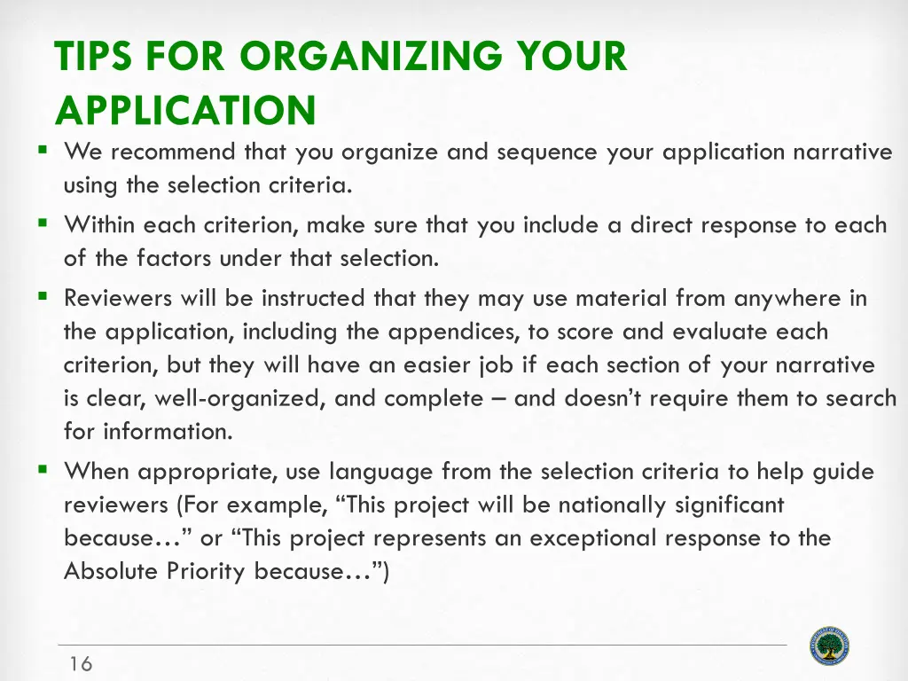 tips for organizing your application we recommend
