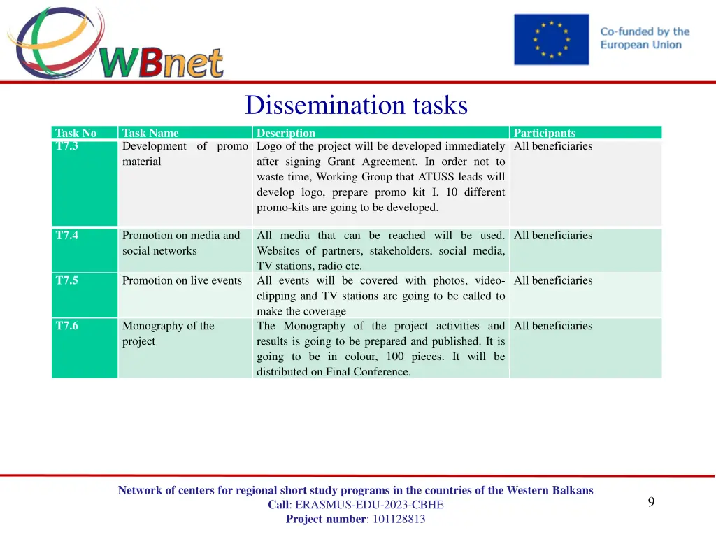 dissemination tasks description