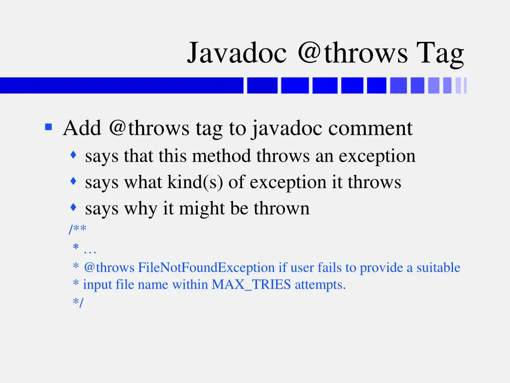 javadoc @throws tag