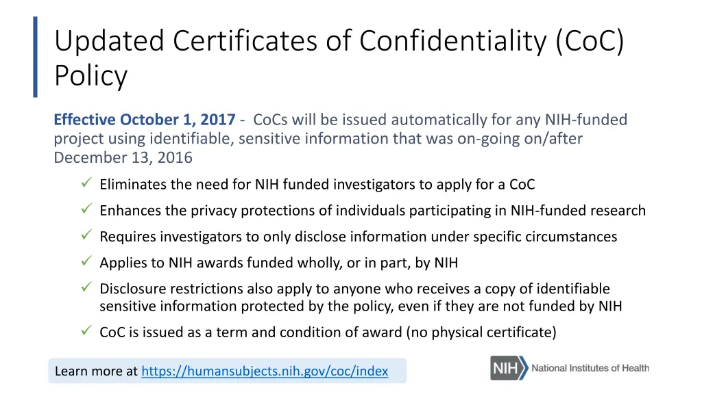 updated certificates of confidentiality coc policy