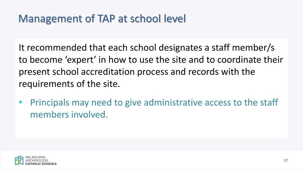 management of tap at school level