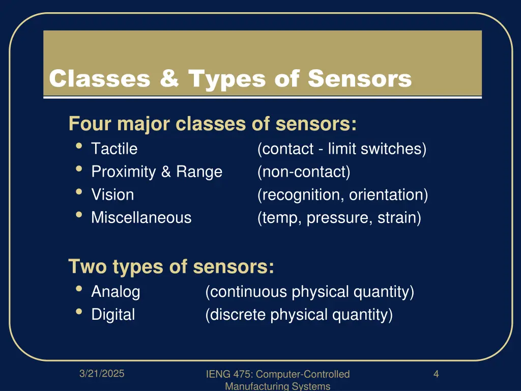classes types of sensors
