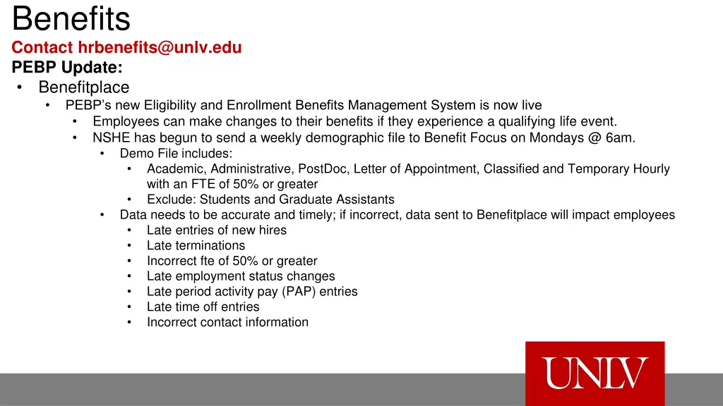 benefits contact hrbenefits@unlv edu pebp update