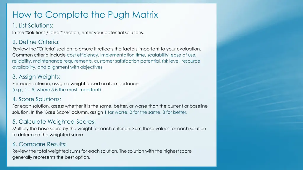 how to complete the pugh matrix 1 list solutions