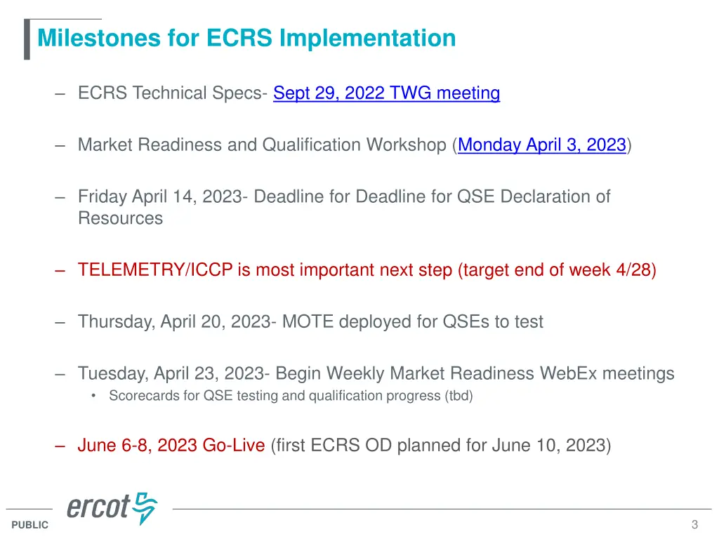 milestones for ecrs implementation