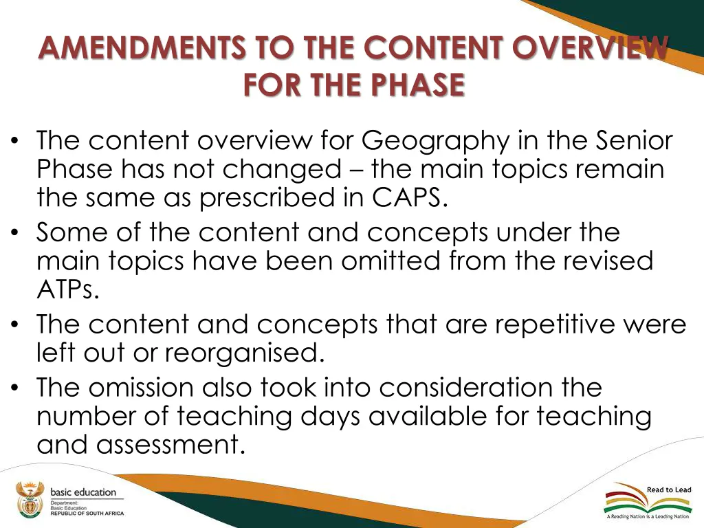 amendments to the content overview for the phase 1