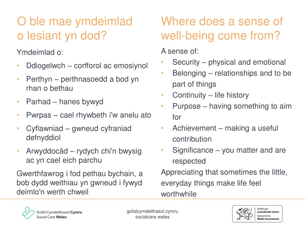 o ble mae ymdeimlad o lesiant yn dod 1
