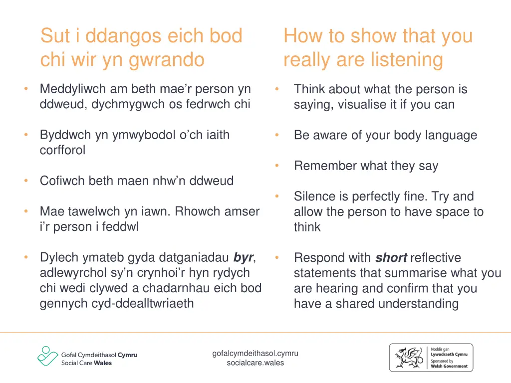 sut i ddangos eich bod chi wir yn gwrando
