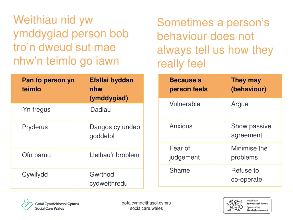weithiau nid yw ymddygiad person bob tro n dweud
