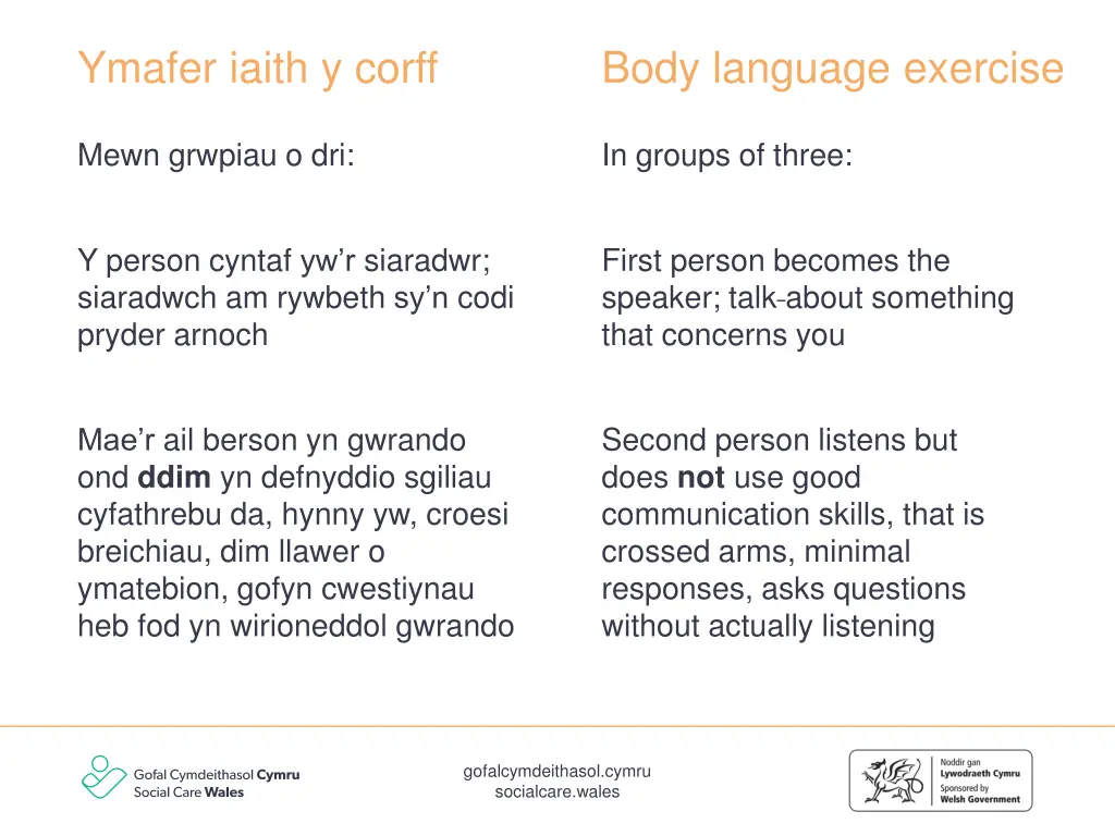 ymafer iaith y corff