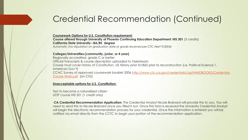 credential recommendation continued