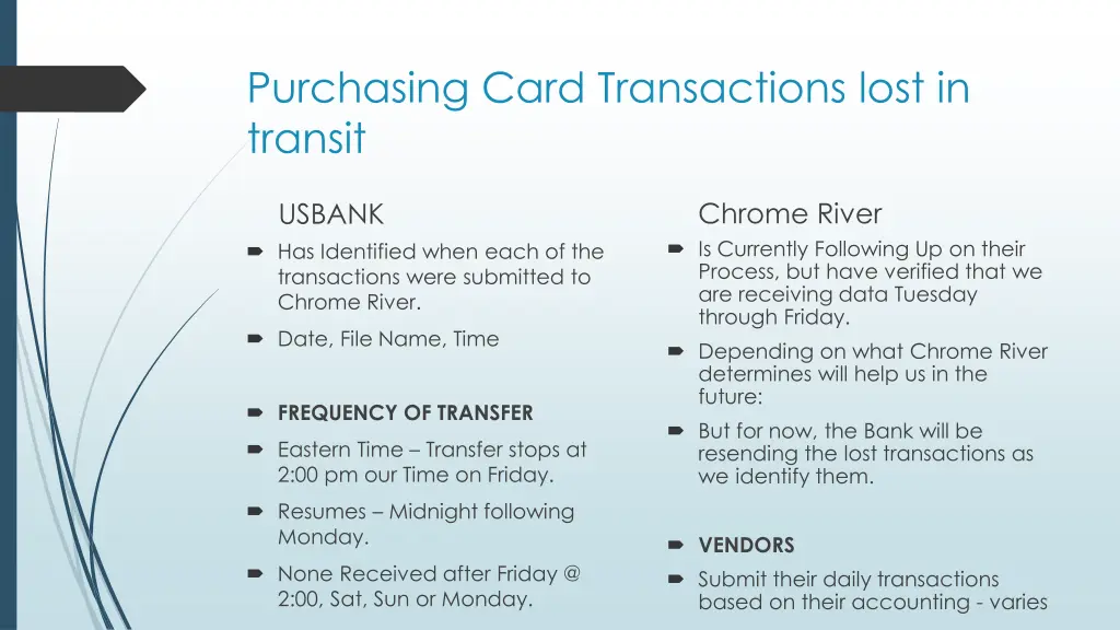 purchasing card transactions lost in transit