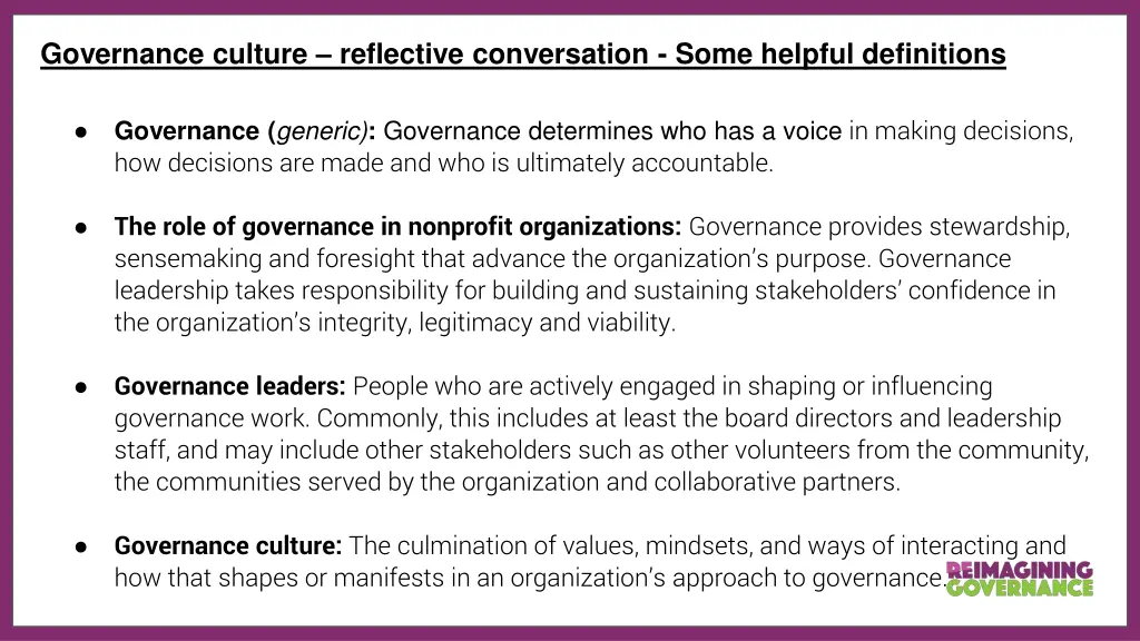 governance culture reflective conversation some
