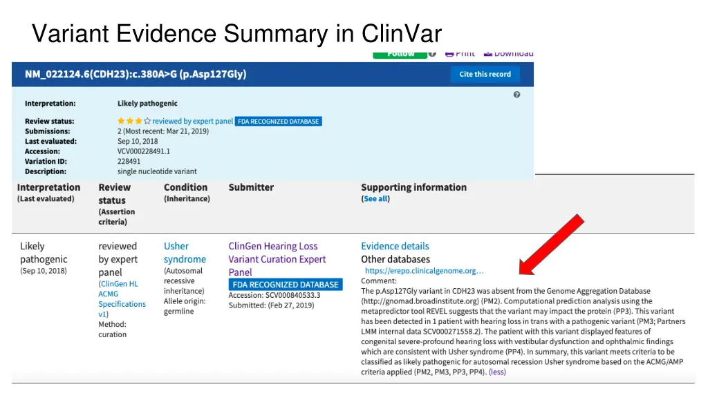 variant evidence summary in clinvar
