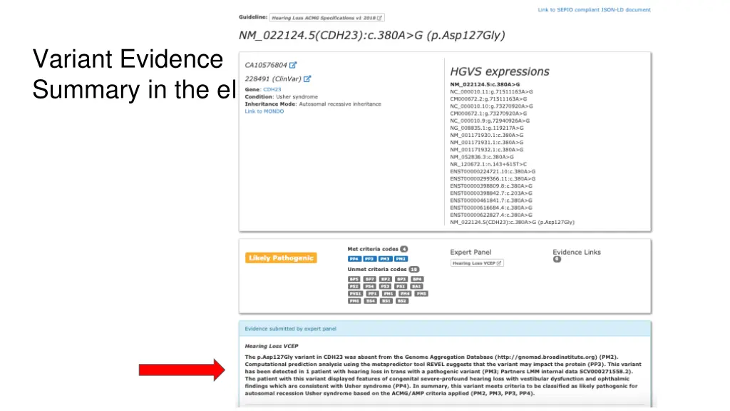 variant evidence summary in the erepo