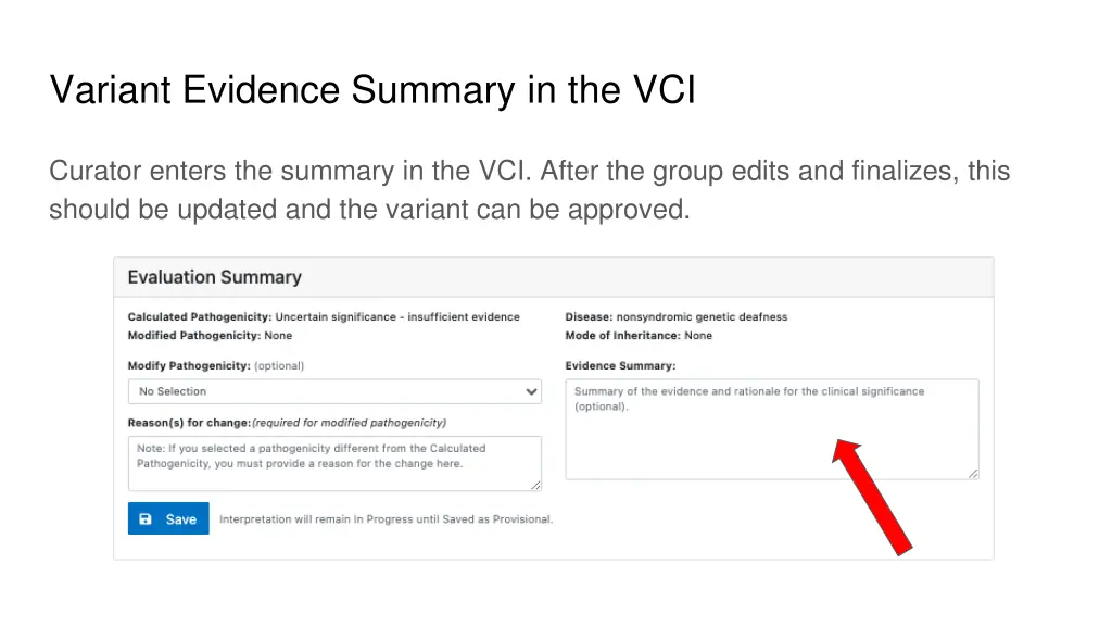 variant evidence summary in the vci