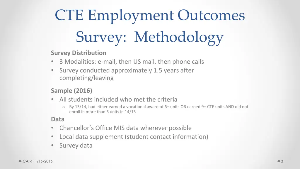 cte employment outcomes survey methodology