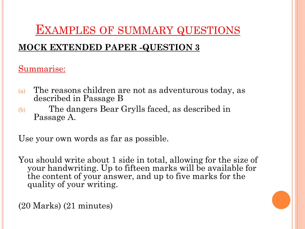 e xamples of summary questions
