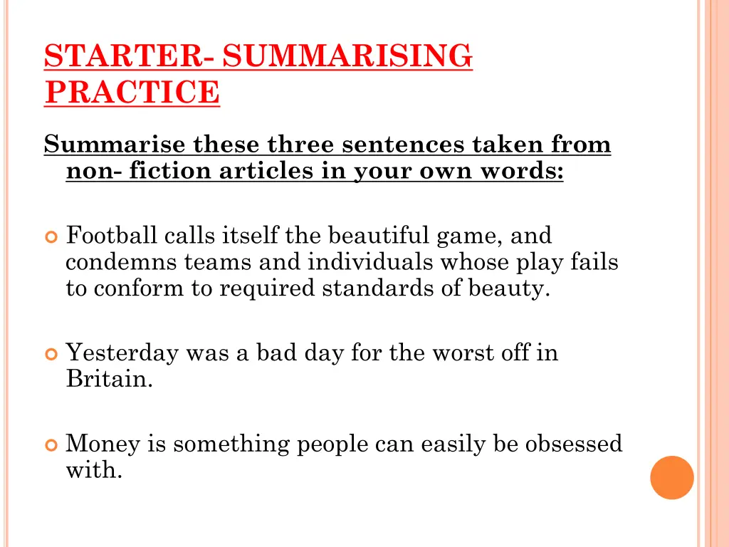 starter summarising practice