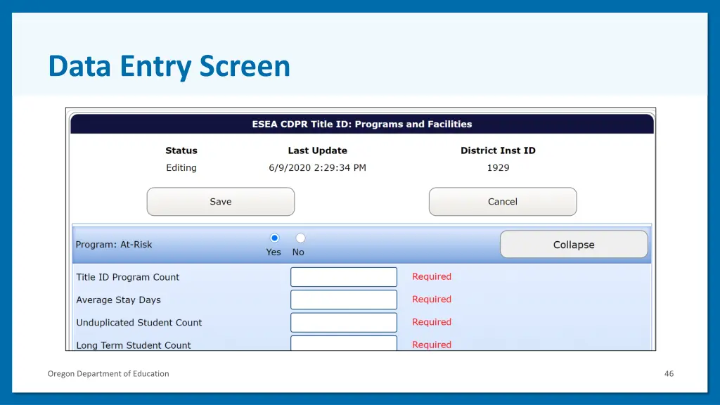 data entry screen