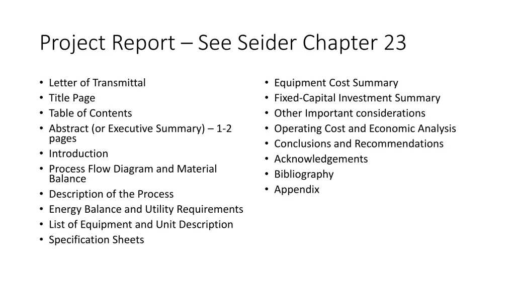project report see seider chapter 23