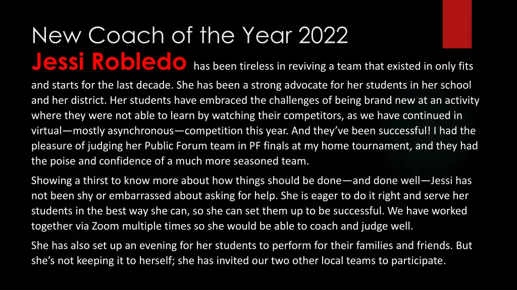 new coach of the year 2022 jessi robledo has been
